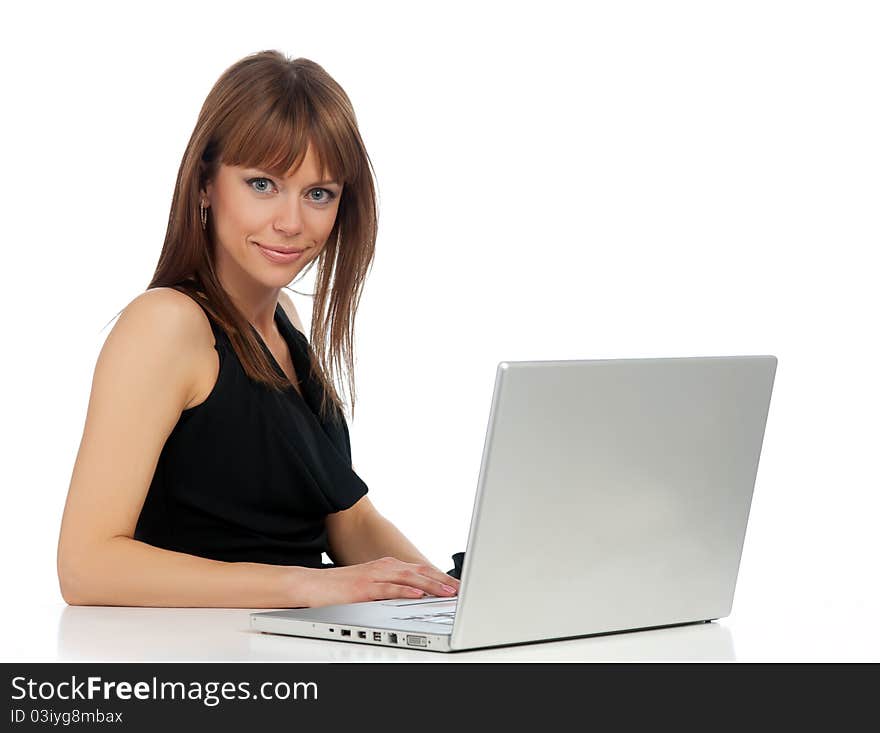 Lady looks at the computer monitor.Isolated background, added a stroke thickness of one pixel for easy selection. Lady looks at the computer monitor.Isolated background, added a stroke thickness of one pixel for easy selection