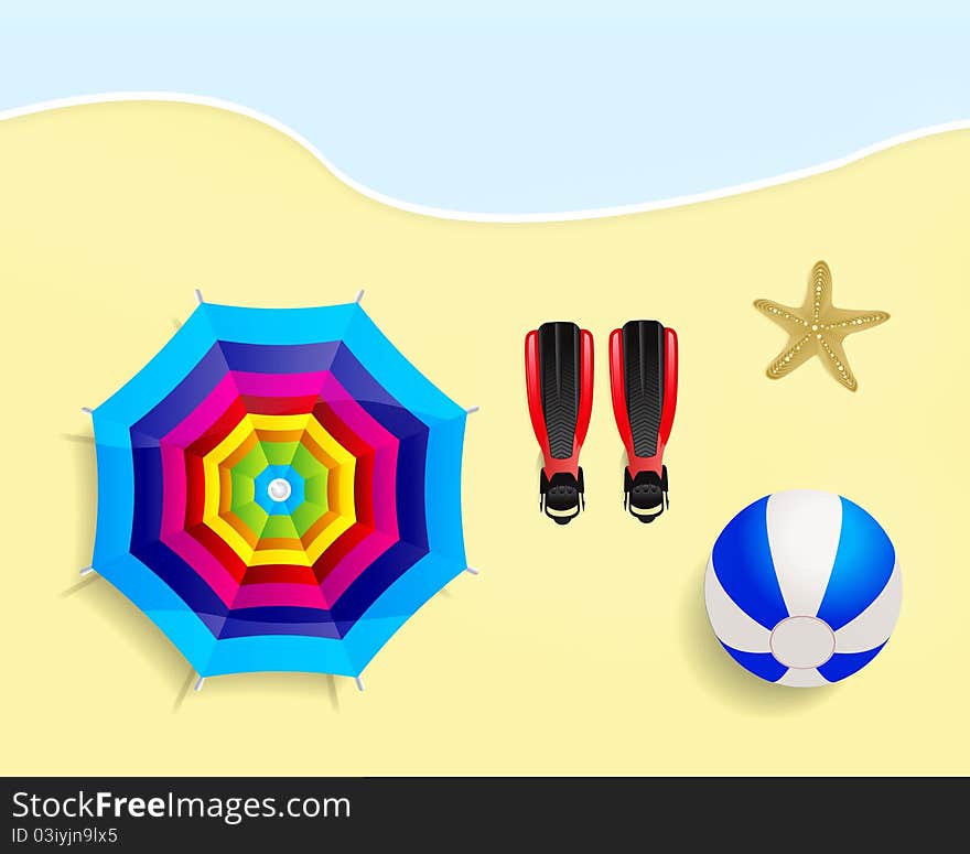 Beach with umbrella, ball, flippers and starfish  illustration