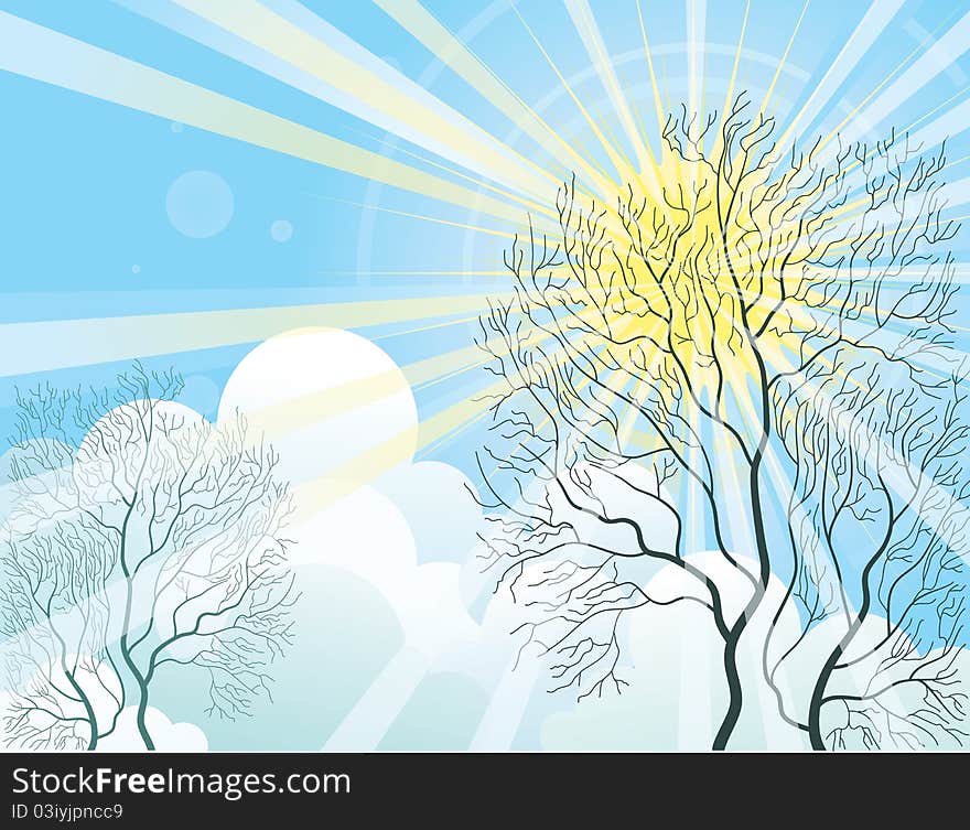 Sun rays shine through the tree  in autumn day.Vector illustration of landscape. Sun rays shine through the tree  in autumn day.Vector illustration of landscape