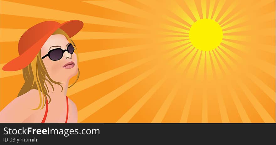 Young woman with sun glasses and hat looking at the sun on rays background. Young woman with sun glasses and hat looking at the sun on rays background