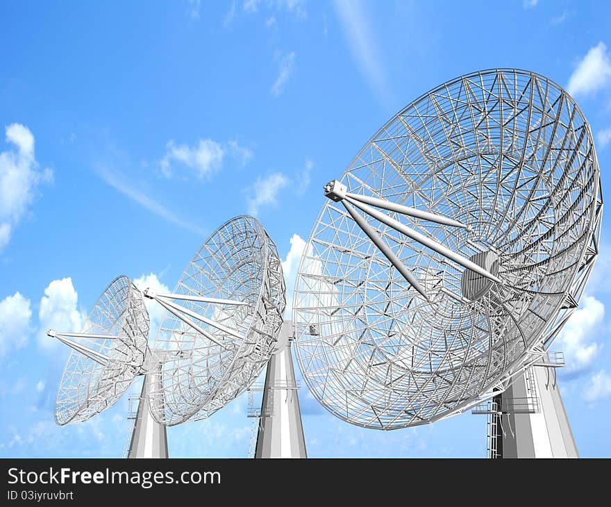 Satellite dish illustration with cloudscape.