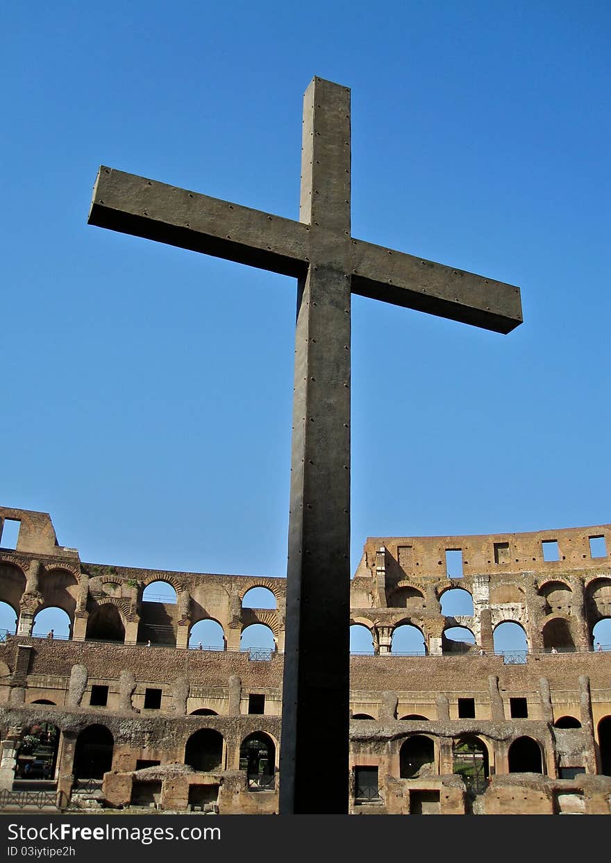 Cross located in the Roman Coliseum. Cross located in the Roman Coliseum