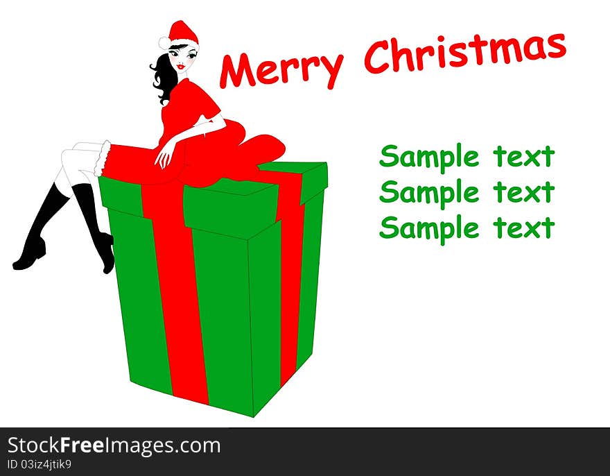 Vector Illustration of funky Christmas gteeeting card with beautiful girl sitting on the present box.