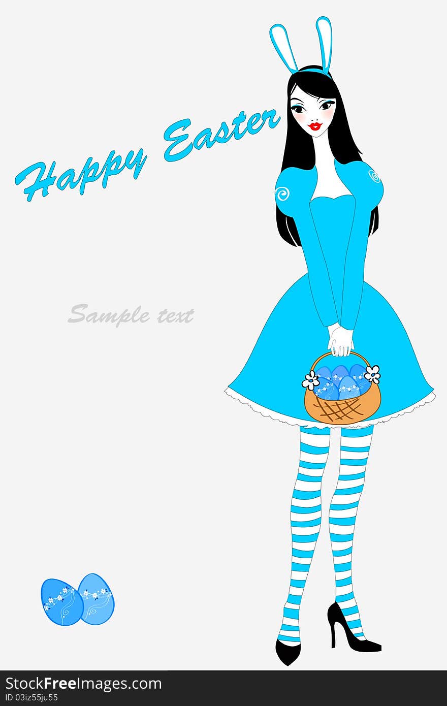 Vector illustration of funky easter gteeeting card with beautiful girl