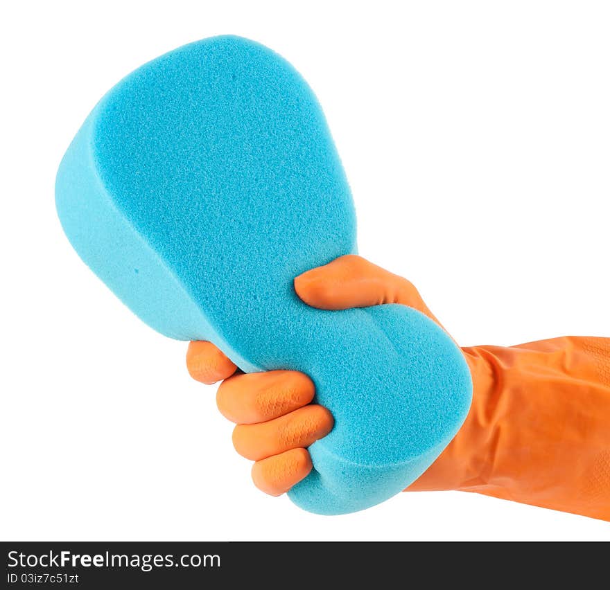 Hand in orange glove with sponge isolated on white background