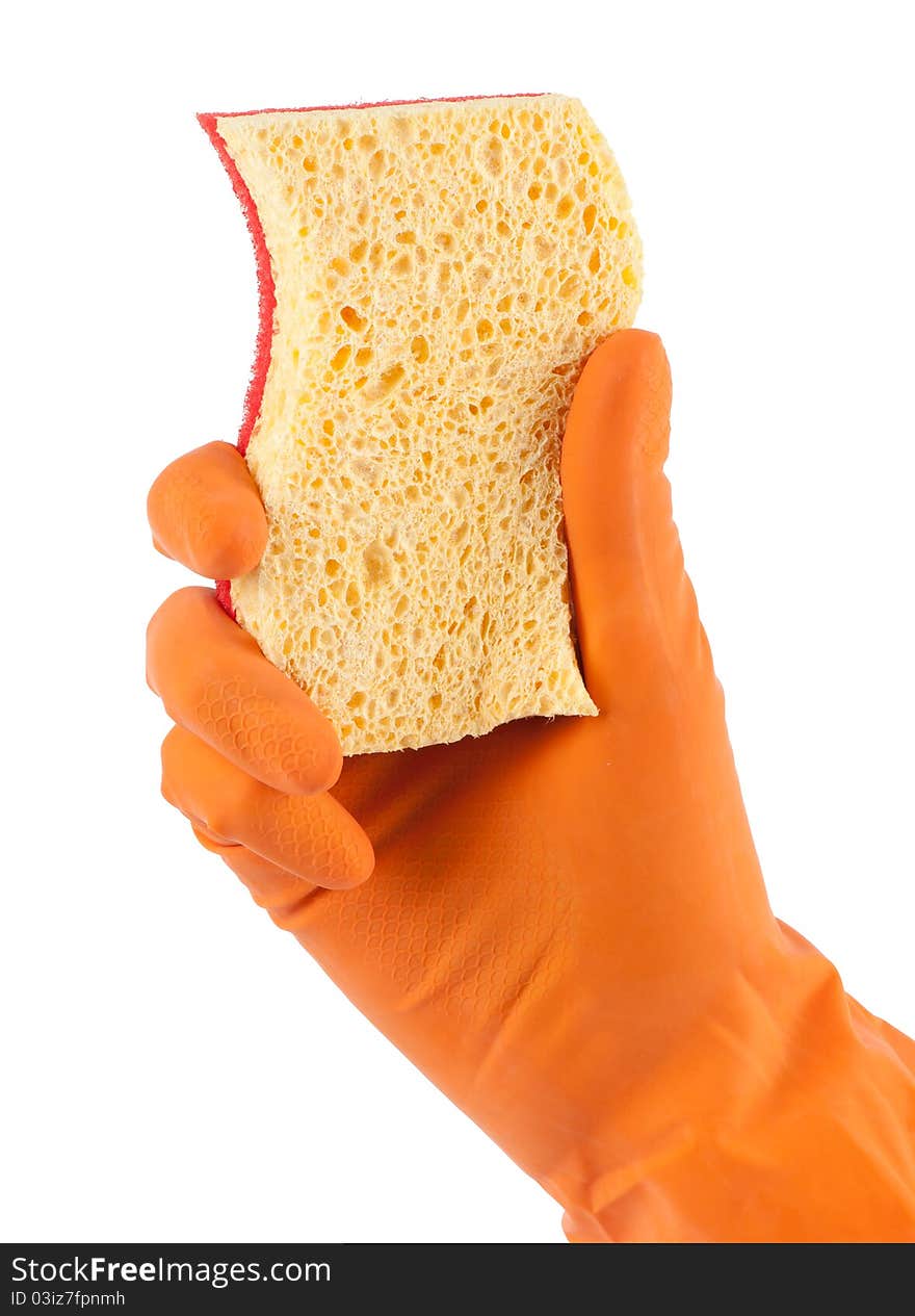 Hand in orange glove with sponge isolated on white background