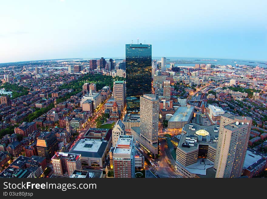 Aerial view of Boston in Massachusetts, USA at sunset.