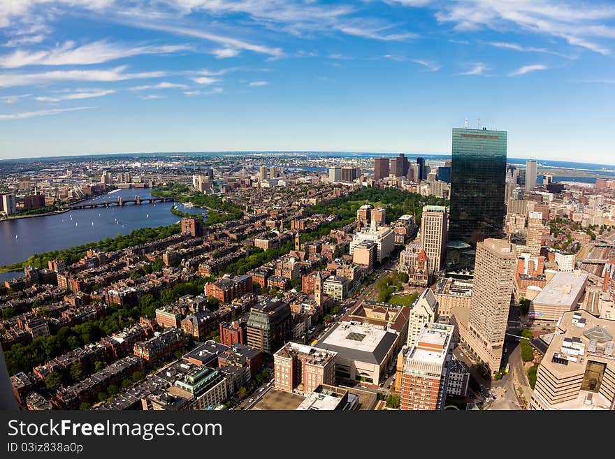 Aerial view of Boston in Massachusetts, USA on a sunny summer day.