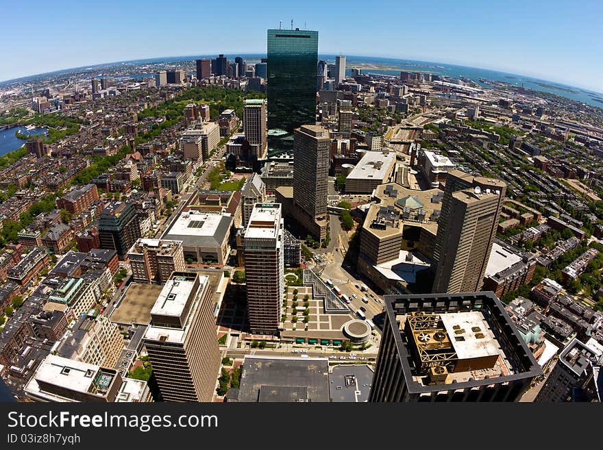 Aerial view of Boston in Massachusetts, USA on a sunny summer day. Boston seen as a planet.