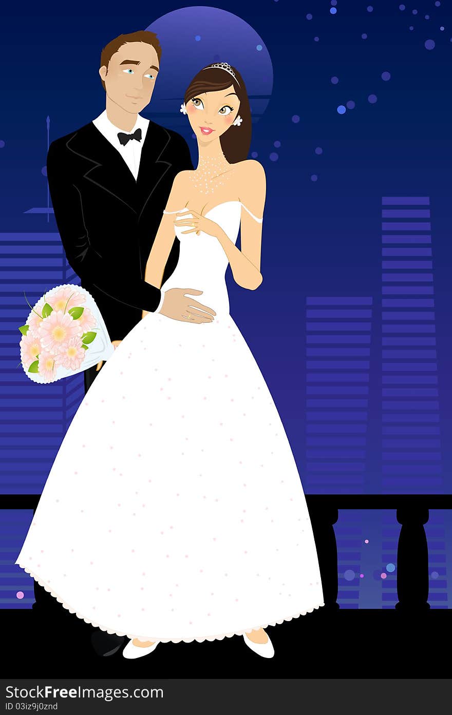 Vector illustration of cool bride and groom on the urban romantic background. Vector illustration of cool bride and groom on the urban romantic background