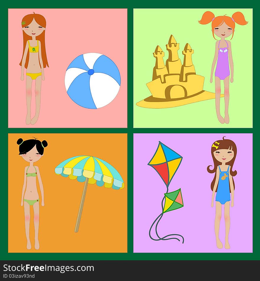 Vector Illustration of funny summer icons, decorated with little girls.