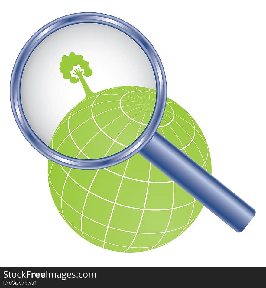 Tree with hand symbol on earth globe under magnifier glass. Abstract ecology concept illustration. Tree with hand symbol on earth globe under magnifier glass. Abstract ecology concept illustration.