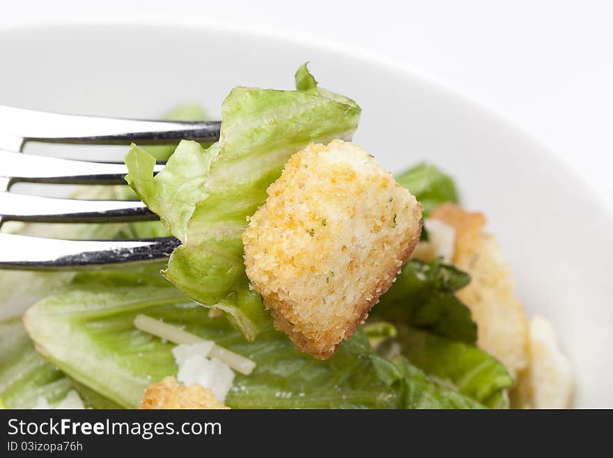 A green salad with croutons and cheese. A green salad with croutons and cheese