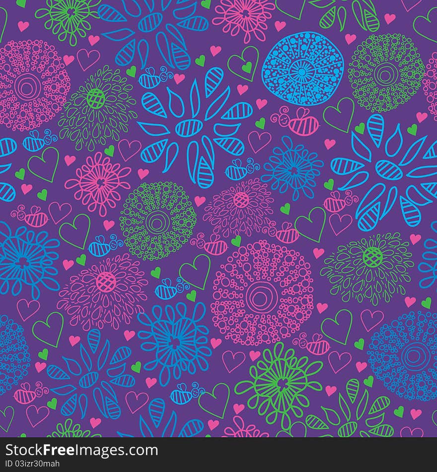 Seamless Floral Pattern With Bee. Background