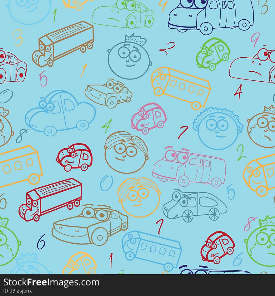 Vector seamless pattern of boy's faces with cars & number