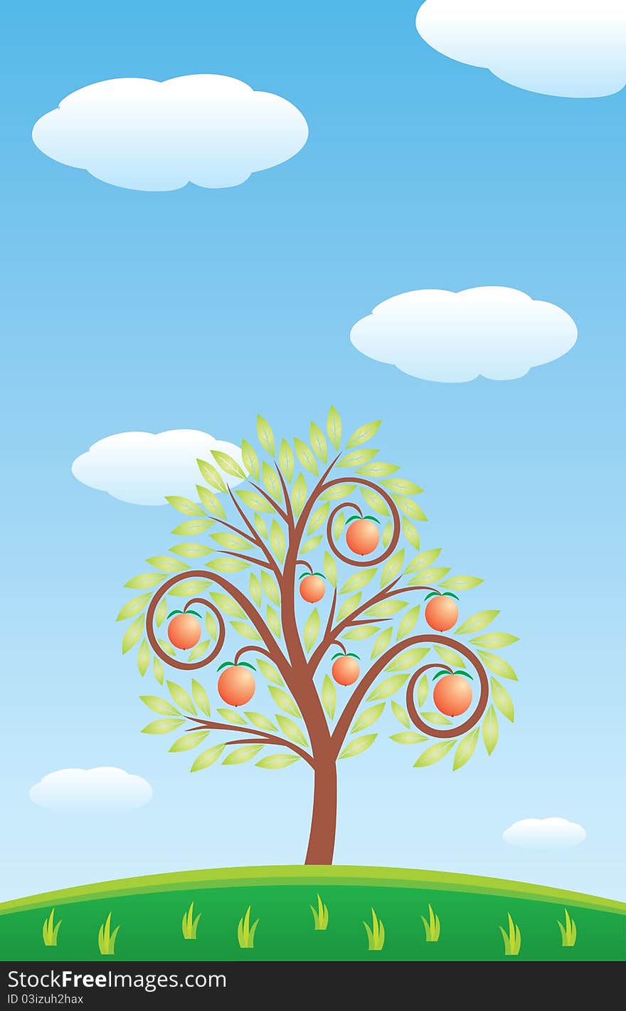 Fruit tree, green Meadow and the blue sky with clouds. Vector drawing. Fruit tree, green Meadow and the blue sky with clouds. Vector drawing.