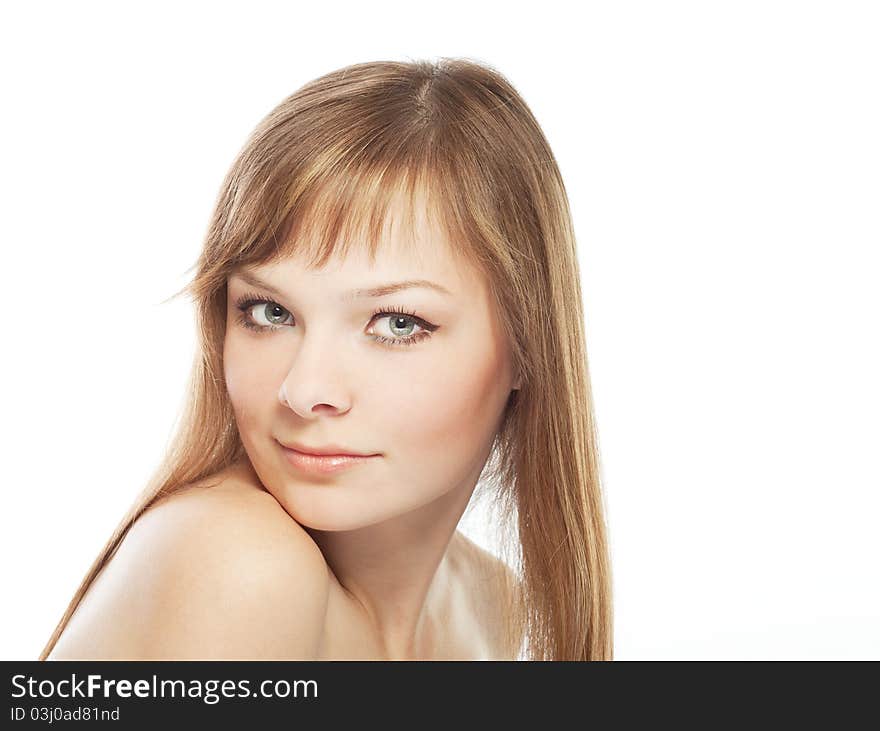 Blonde girl looking at camera, isolated on a white