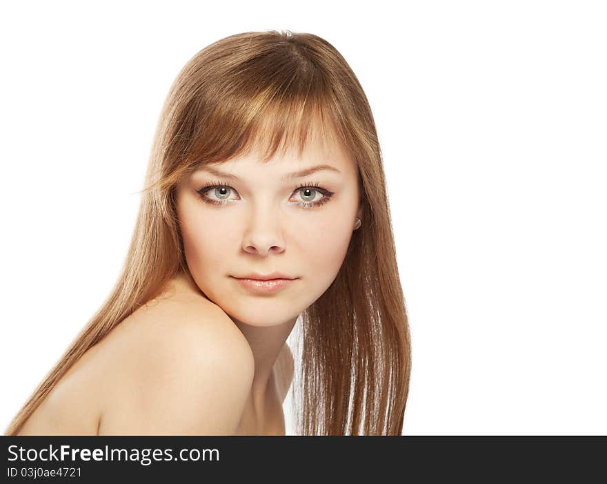 Blonde girl looking at camera, isolated on a white