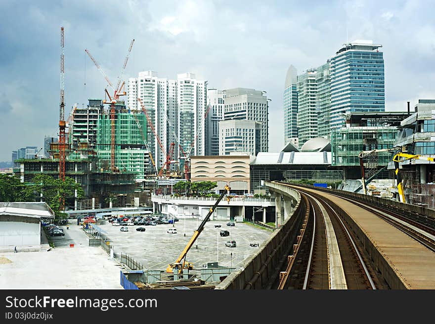 Cityscape with railway and high office buildings in Kuala Lumpur, Malaysia