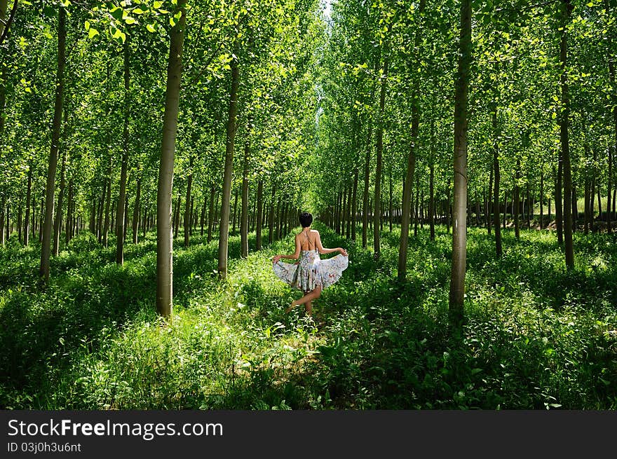 A woman dancing between trees wearing a dress. A woman dancing between trees wearing a dress