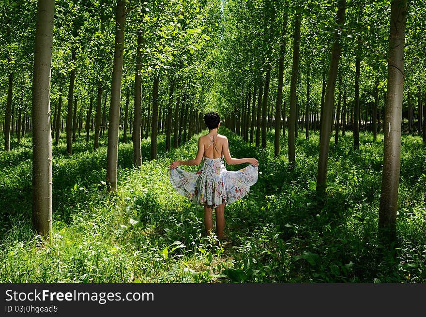 A woman dancing between trees wearing a dress. A woman dancing between trees wearing a dress