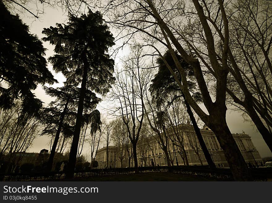 Madrid forest, the Royal Palace at the back taken with a wide angle that produces such spectacular optical distortion. Madrid forest, the Royal Palace at the back taken with a wide angle that produces such spectacular optical distortion