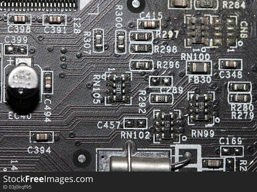 Some mainboard transistors and electric circuit board elements. Some mainboard transistors and electric circuit board elements