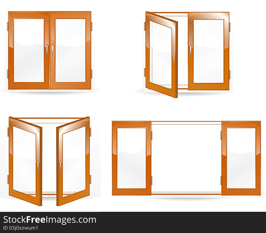 Set of open and close brown windows isolated on white