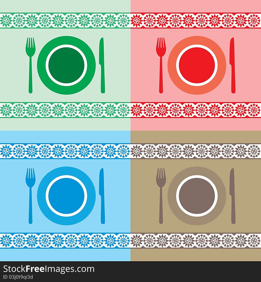 Table arrangement with a plate, a fork and a knife.