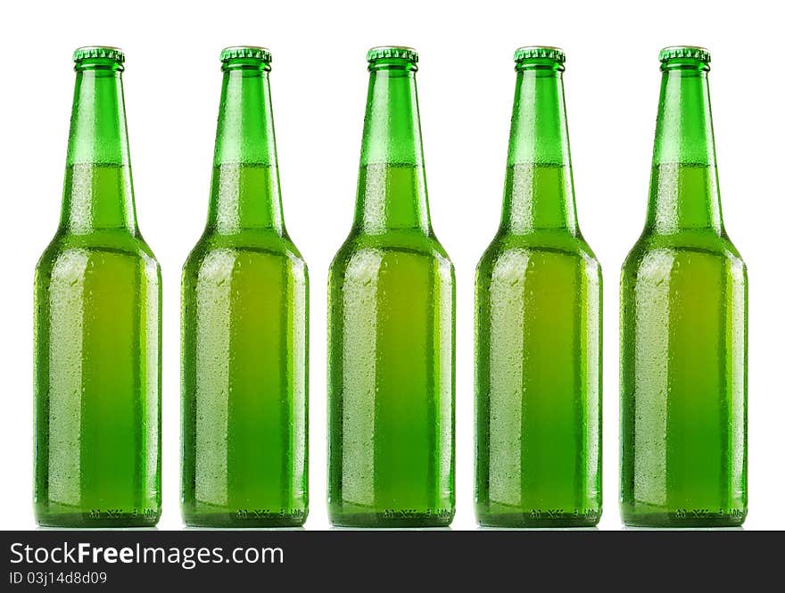 Green beer bottles set isolated on a white background