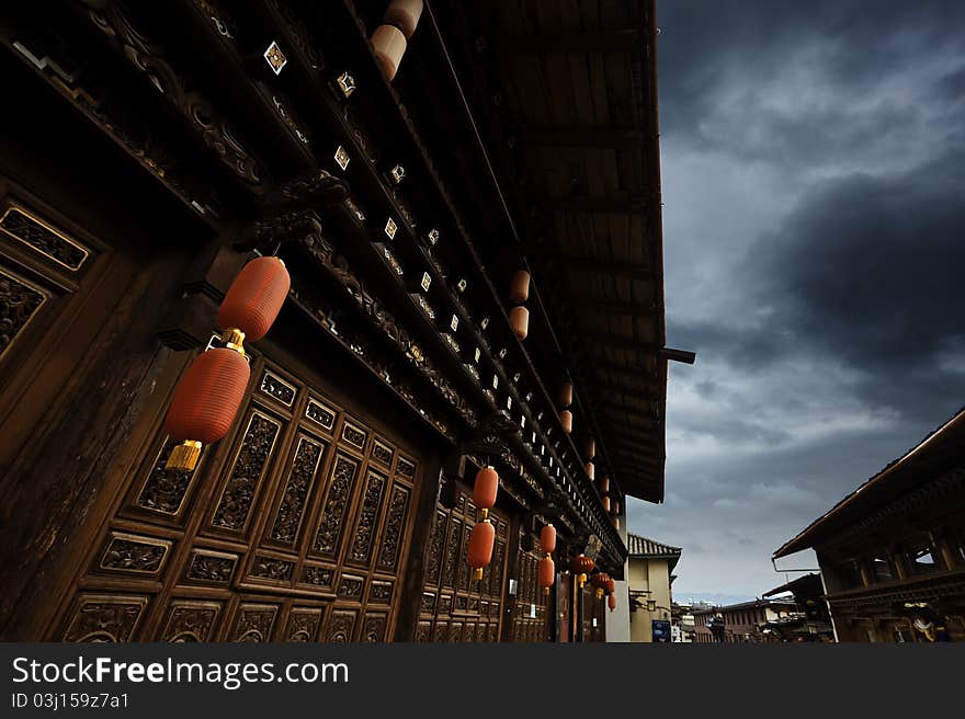 Red lanterns of a tea house