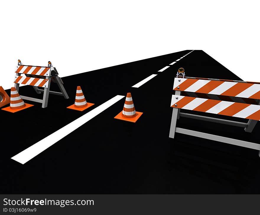 Orange road cones and barriers on a road 3d