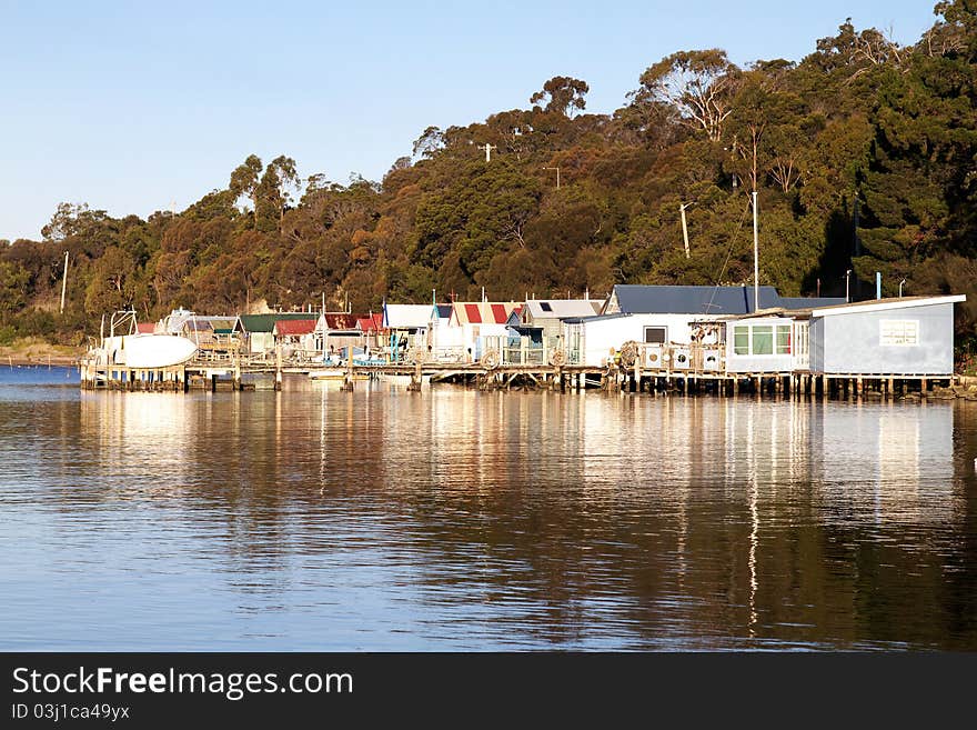 Boat houses lined up along river's edge, Tasmania.