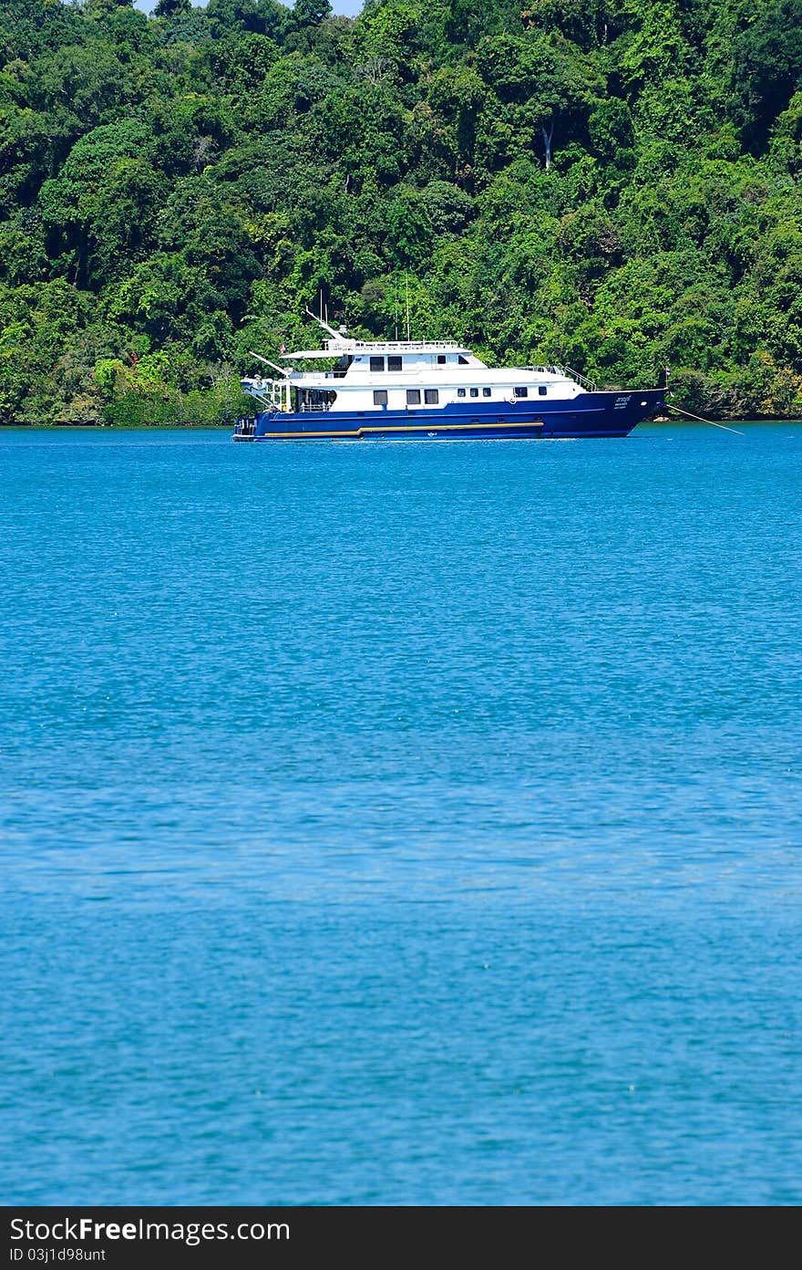 A ship next to an island