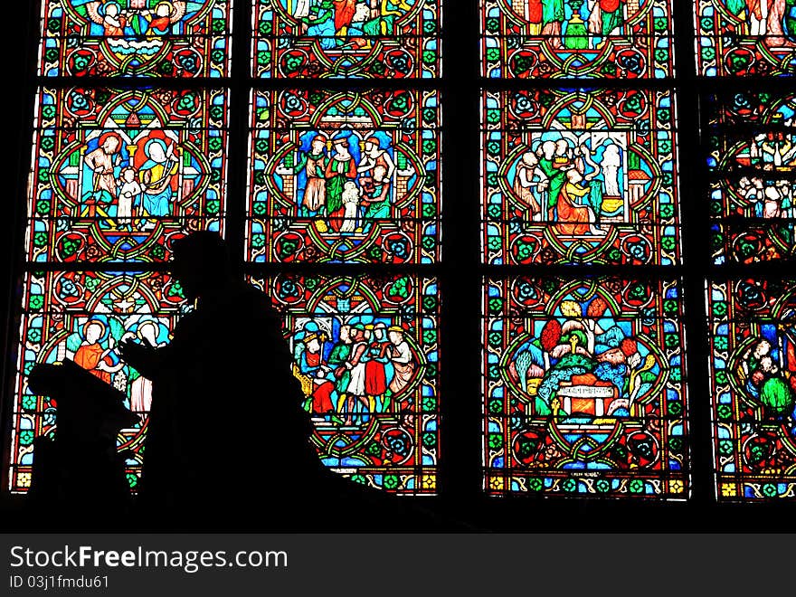 Stained glass window in Norte Dame cathedral, Paris