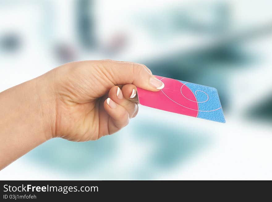 Corporate card in women hand. Corporate card in women hand