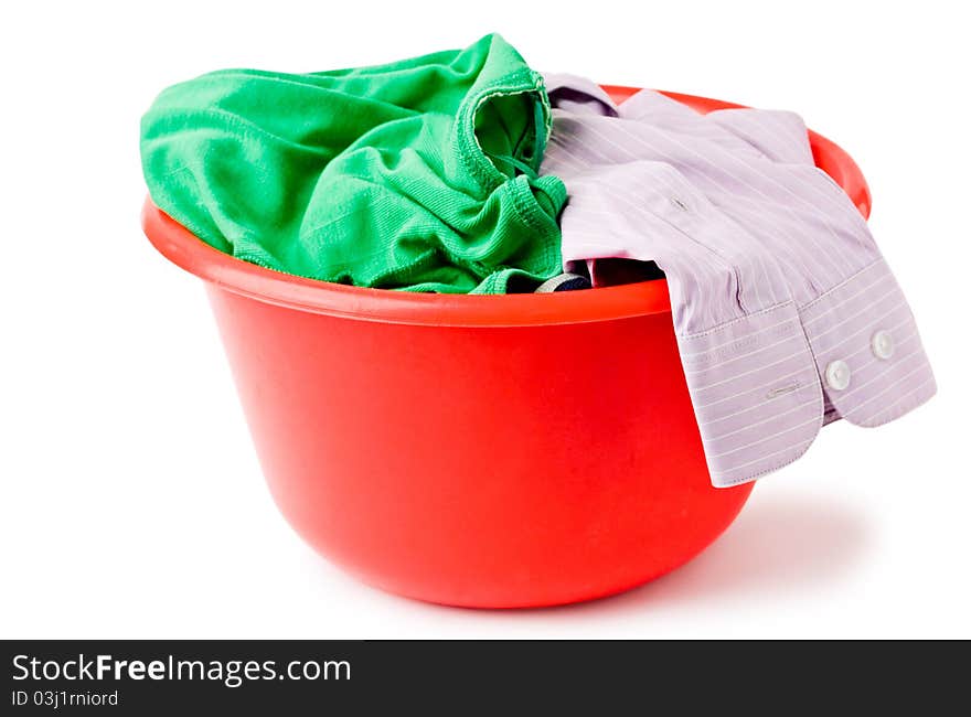 Prepared for washing clothes in a red tub. Prepared for washing clothes in a red tub