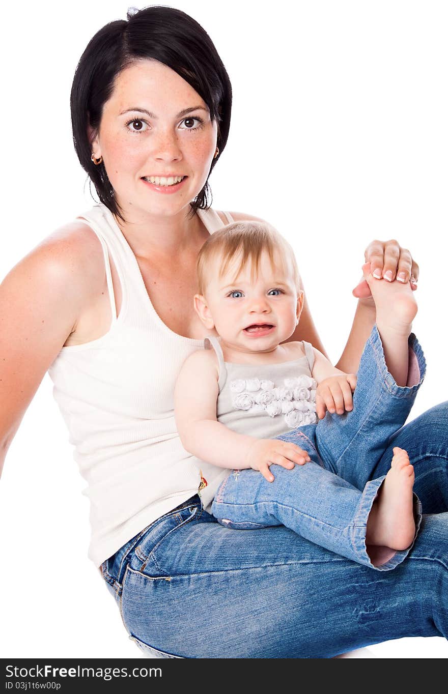 Mother and doughter. Isolated on white background