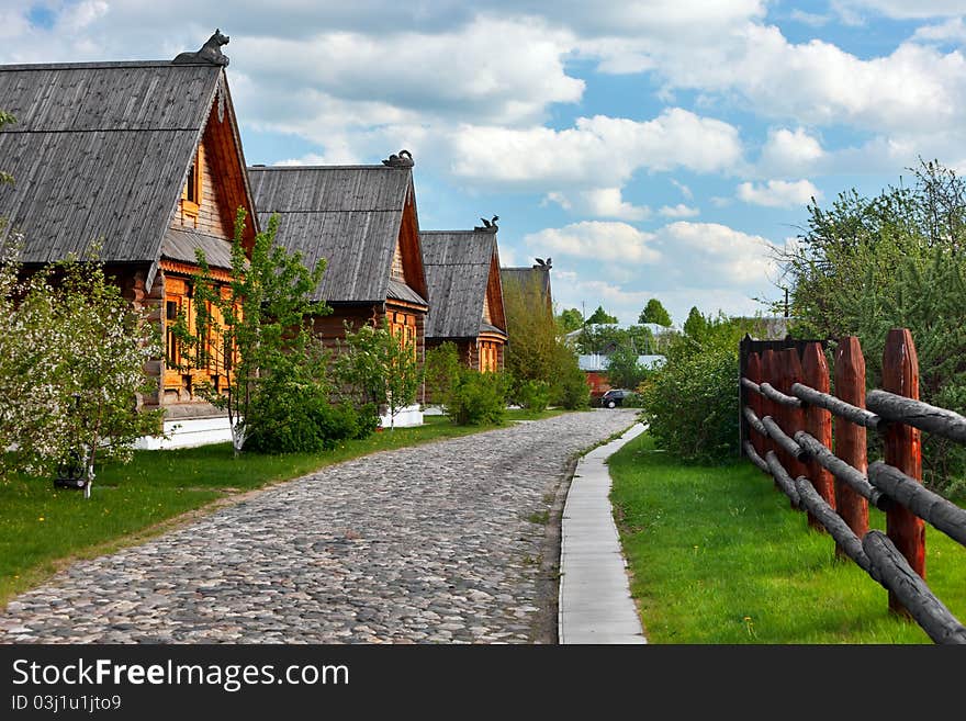 Traditional russian wooden houses in spring.