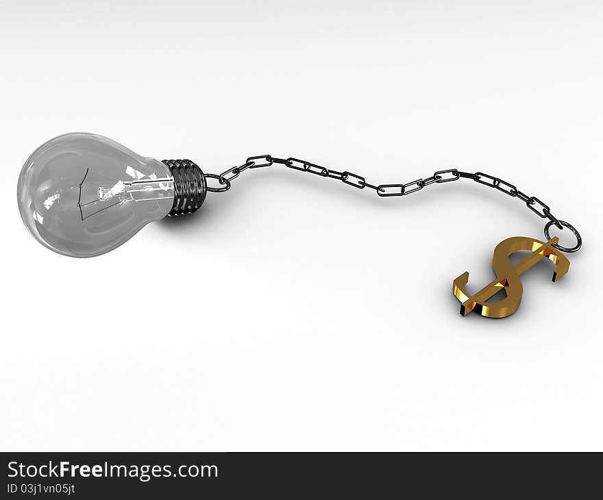 Light bulb on the chain with a dollar sign. 3D