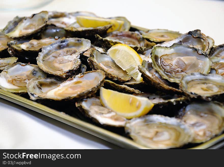 Appetizer - oysters with lemon on a tray. Appetizer - oysters with lemon on a tray