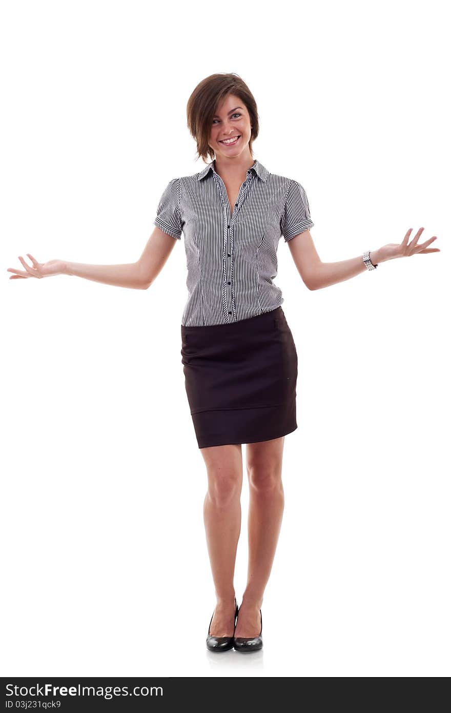 Friendly smiling business woman welcoming. Isolated over white background