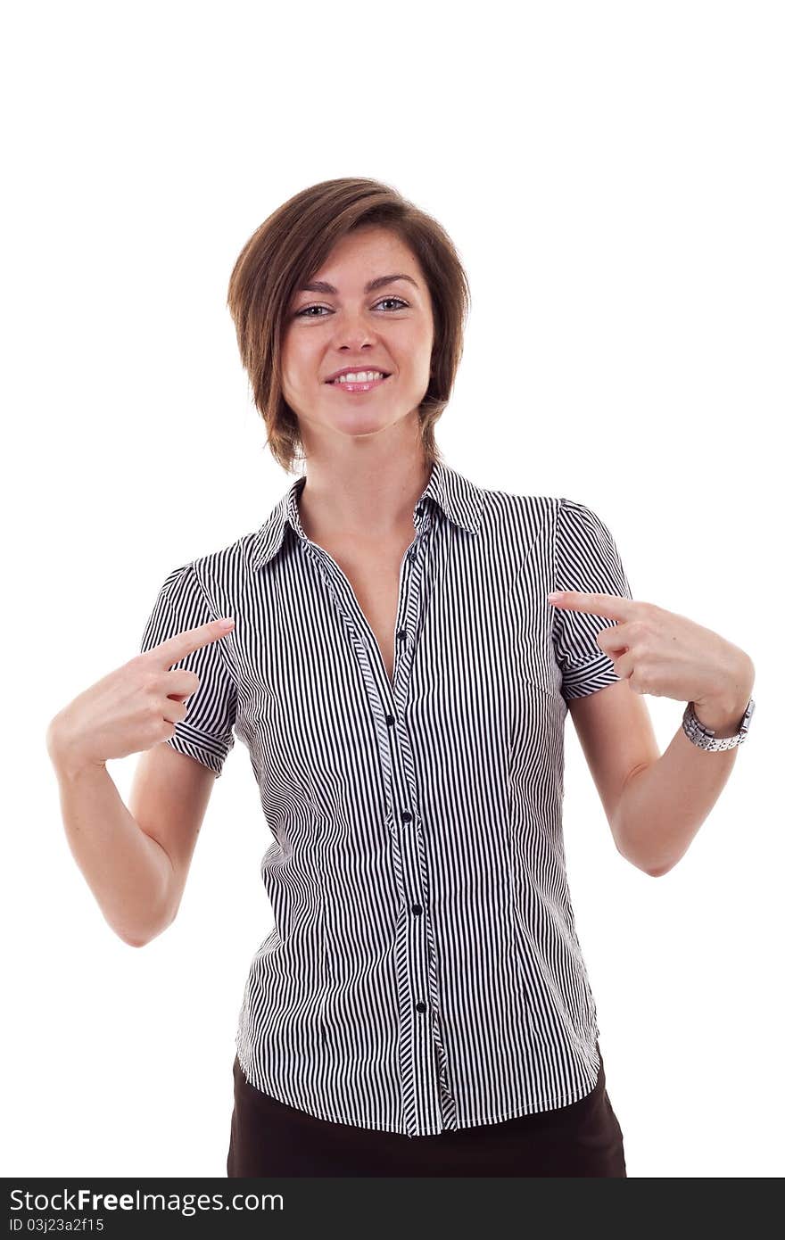 A young beautiful business woman pointing at her