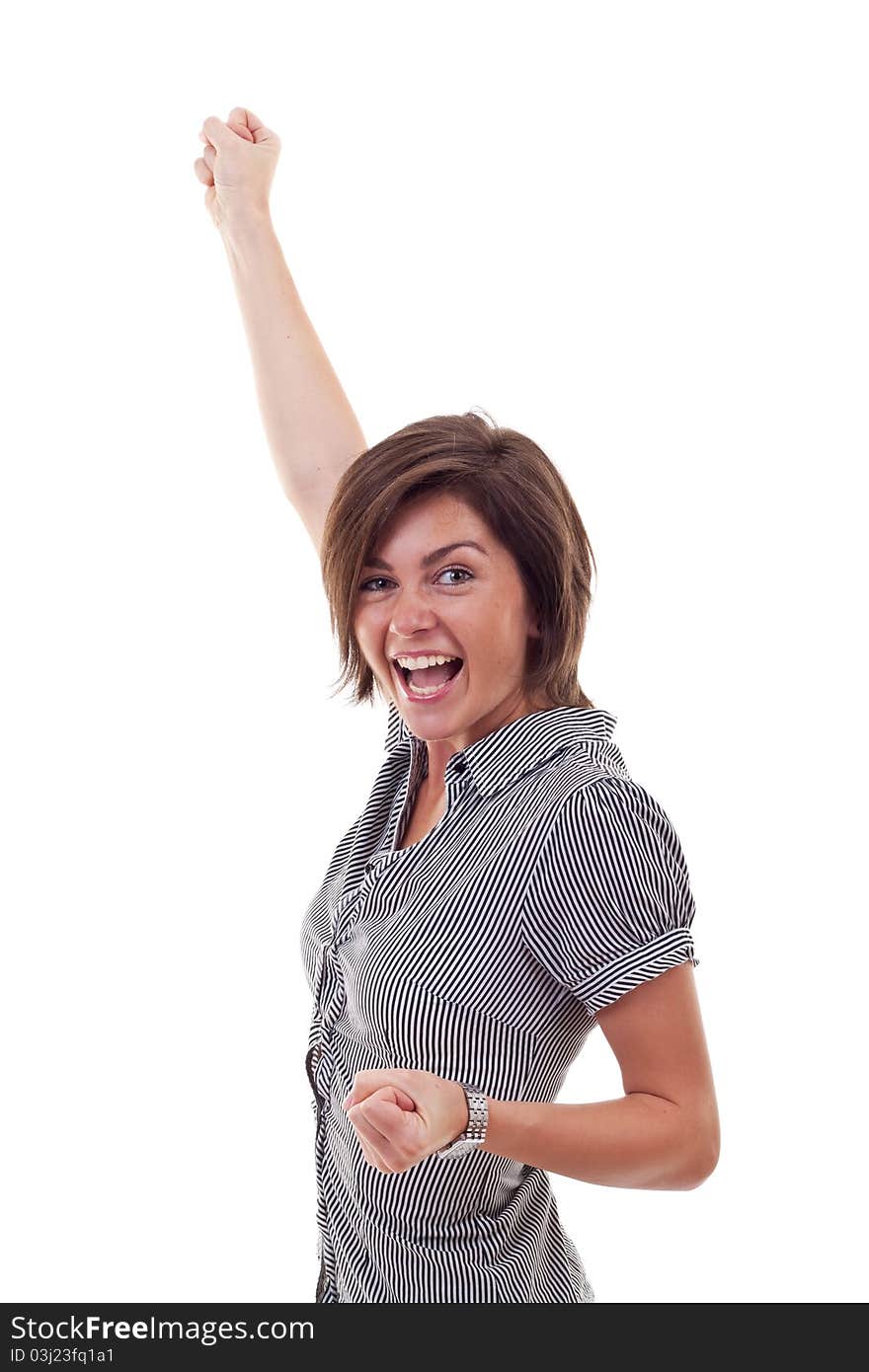 Picture of a very happy business woman winning over white