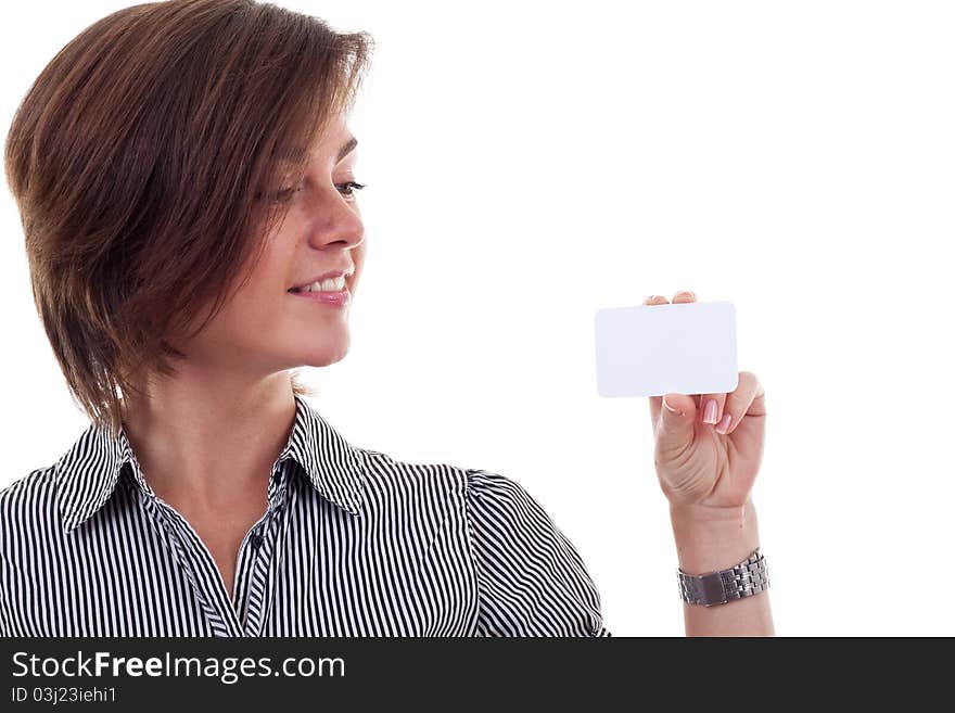 Beautiful young girl with a blank card on white background