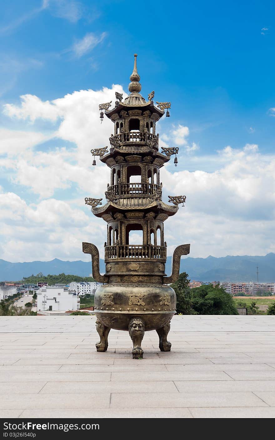 Three foot Copper censer  used for burning incense at a chinese temple.Normally it's used for praying.