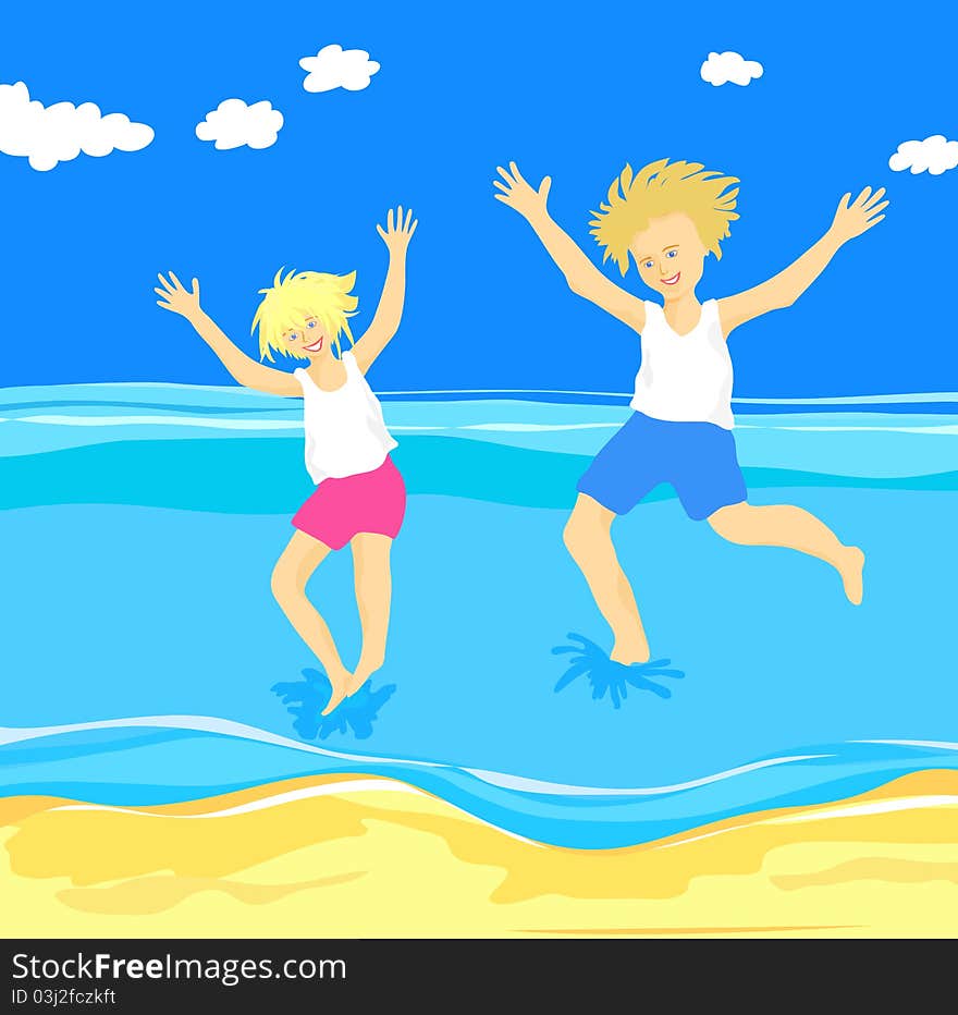 Children jumping in the sea