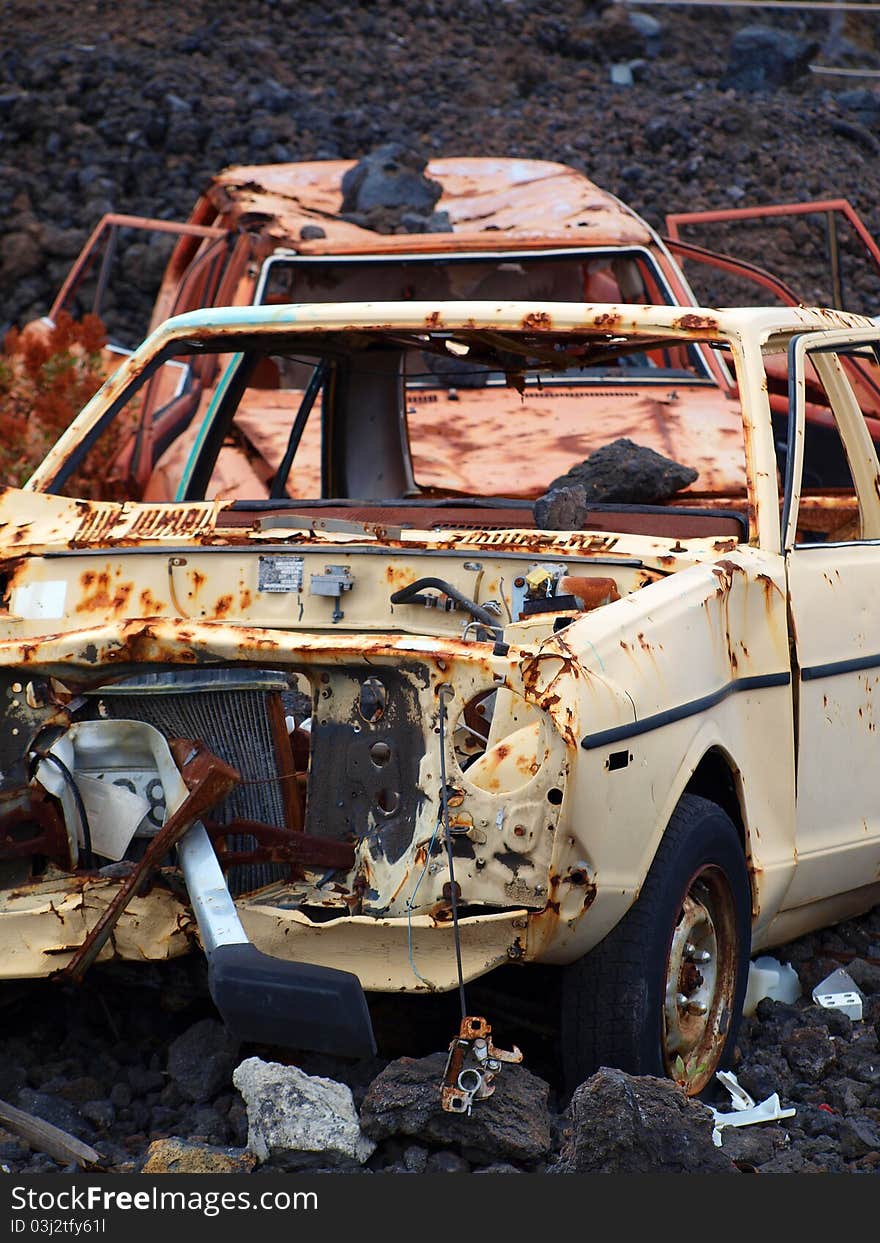 Smashed vehicles on the roadside. Smashed vehicles on the roadside