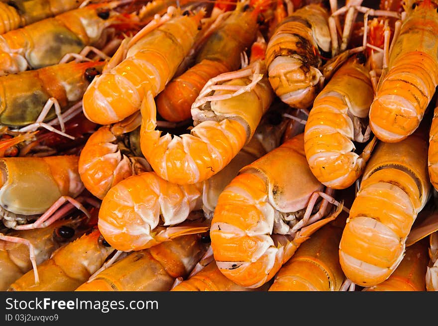 Fresh large Prawn / shrimp in a market stand