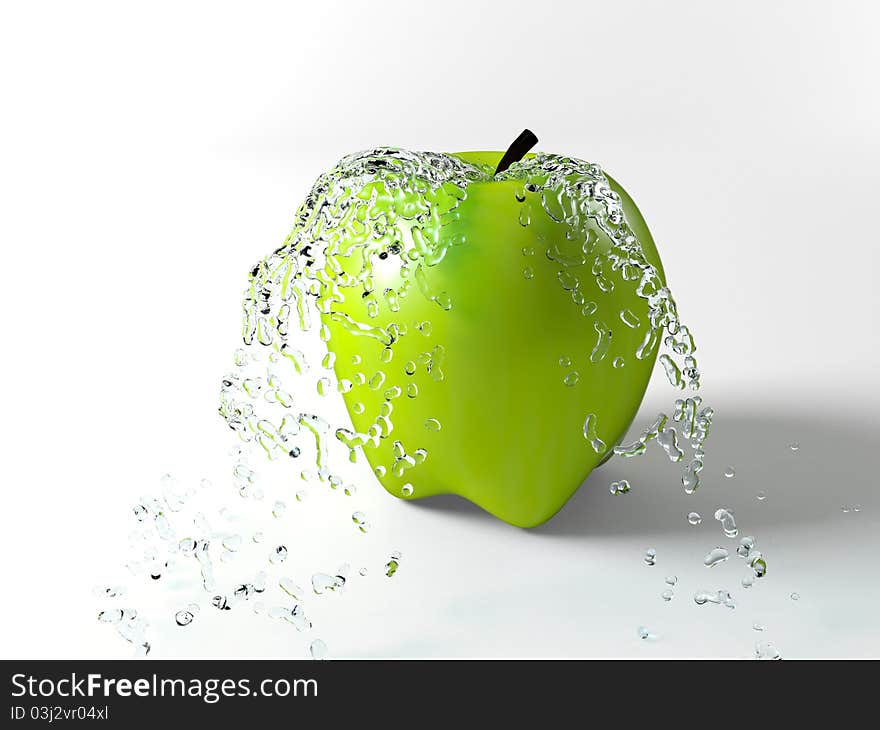 Abstract image of water spraying off a green apple. Abstract image of water spraying off a green apple.